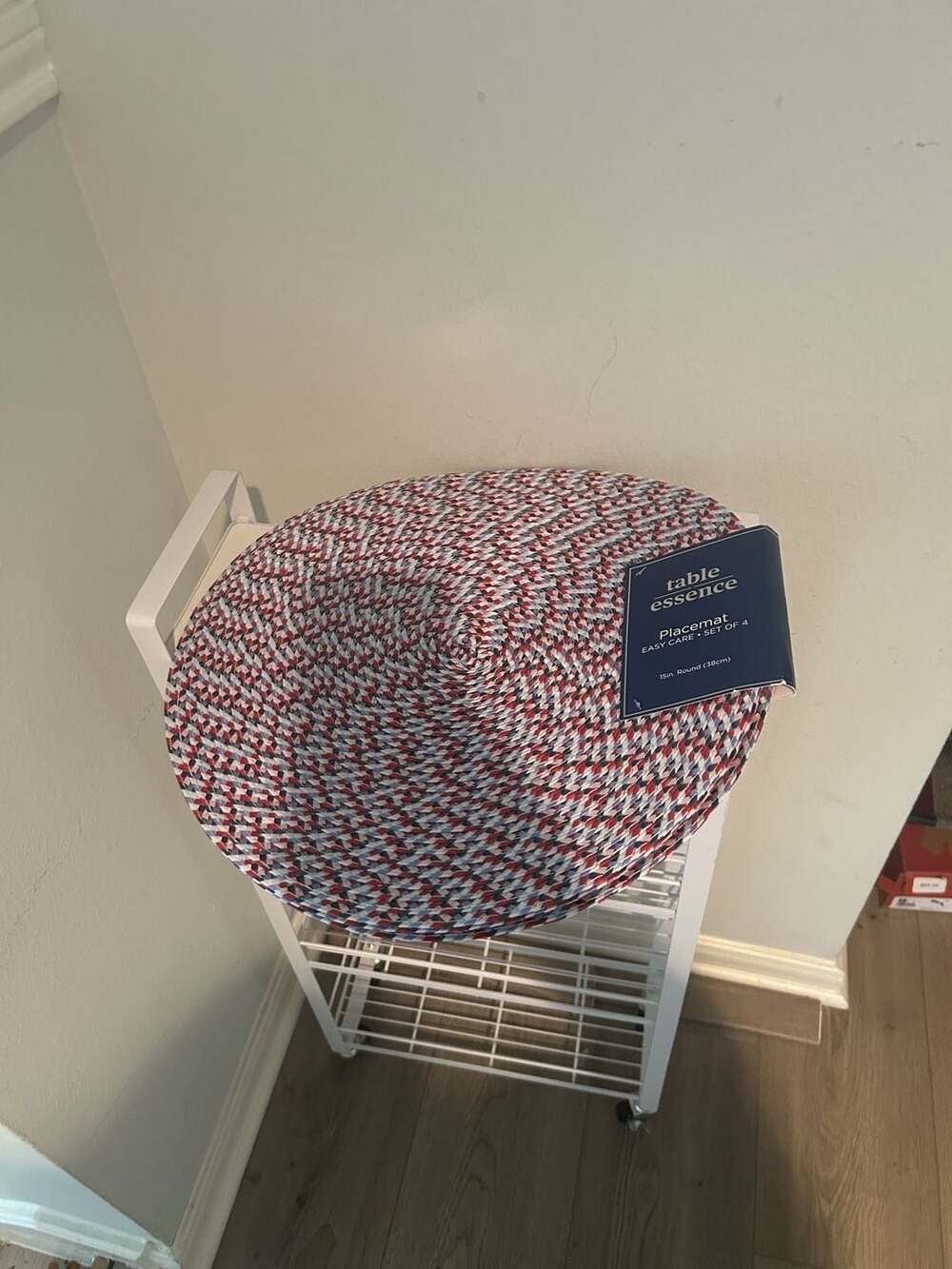 Table Essence Placemat Set of 4 15in. Round Red White Blue Braided
